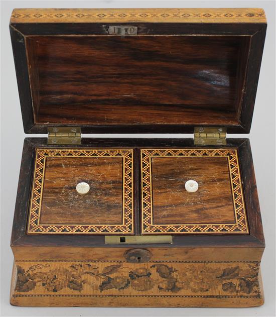 A Tunbridge ware birds eye maple Battle Abbey mosaic dome top tea caddy, 7in.